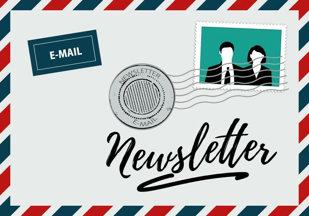 Image of a newsletter enclosed in an envelope with a stamp.
